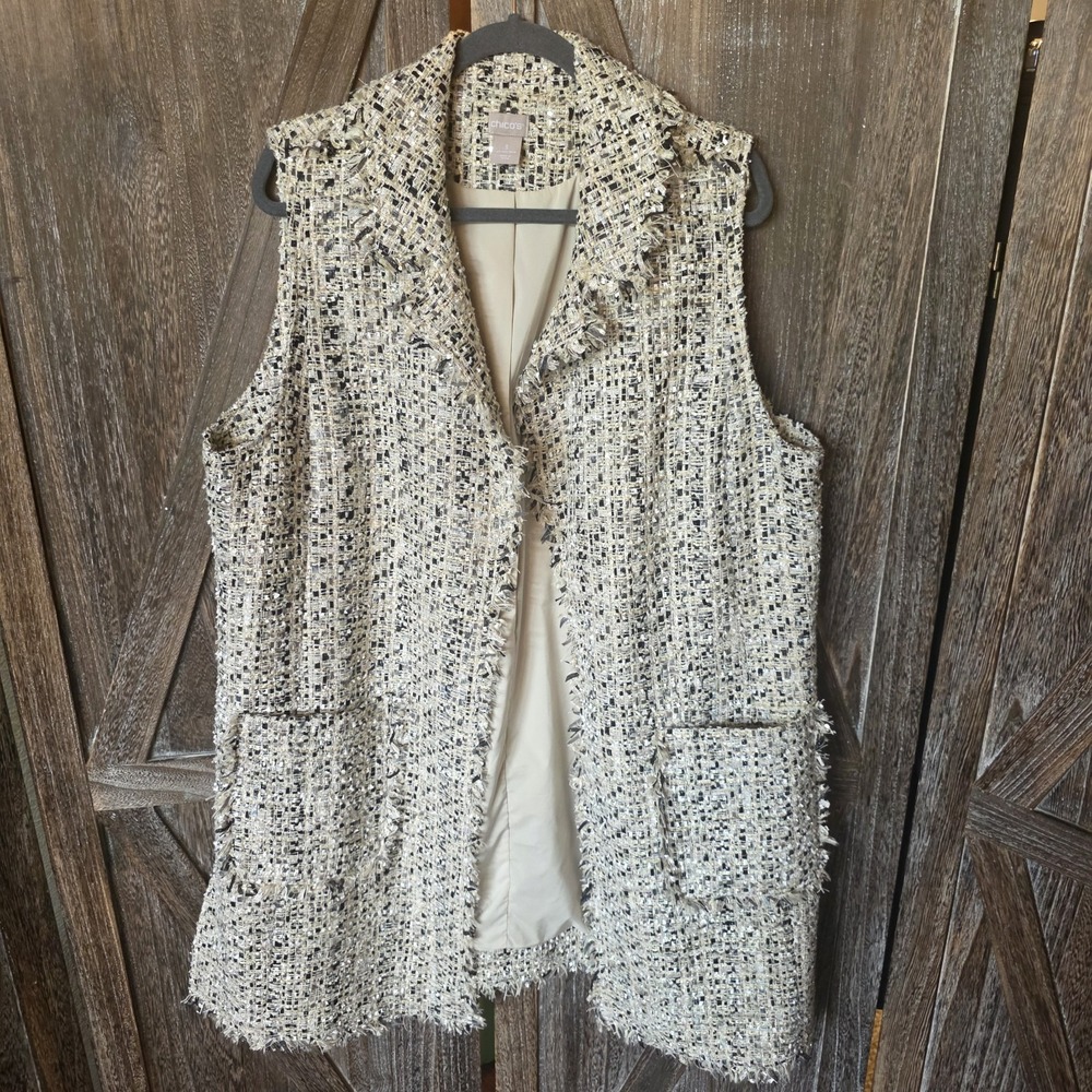 Chico's Jacket Women'sSize 3 (16/18) Cream Tweed Sequins Vest Fringe Long Open